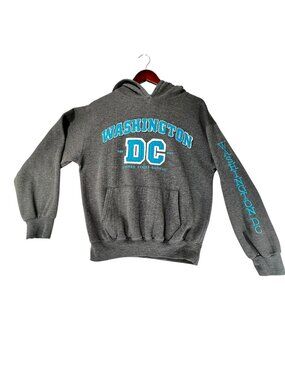 Washington DC Graphic Hoodie Medium Gray Blue Spellout Unisex Pullover Pocket